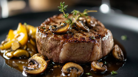 A close-up of a grilled steak with a crispy crust and juicy interior, accompanied by a side of sauted mushrooms, showcasing culinary perfection.の素材