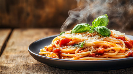 A beautifully plated dish of steaming pasta topped with fresh basil and grated cheese, set on a rustic wooden table, creating an inviting dining atmosphere.の素材
