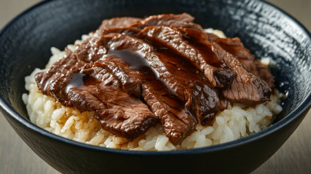 A close-up of tender beef slices over perfectly cooked rice, with a glossy sauce coating the dish, evoking a sense of delicious indulgence.の素材