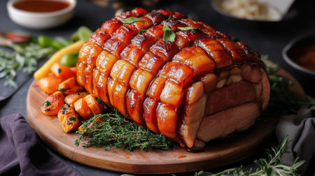 A beautifully roasted pork belly with crackling skin, served on a wooden platter with a rich sauce and seasonal vegetables for an elegant meal.の素材