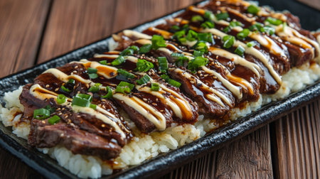 A beautifully arranged plate of beef rice topped with tender slices of beef, drizzled with a rich sauce and garnished with green onions, served on a rustic wooden table.の素材
