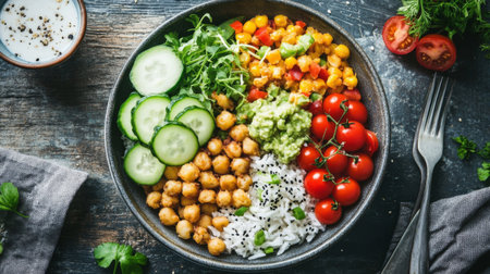A beautiful overhead view of a bowl of fried rice with various toppings, including sliced cucumber and tomatoes, creating a colorful and inviting composition.の素材