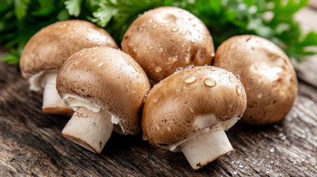 A close-up of fresh mushrooms with dew drops on their caps, set against a soft-focus natural background, highlighting their freshness and appeal in culinary dishes.の素材
