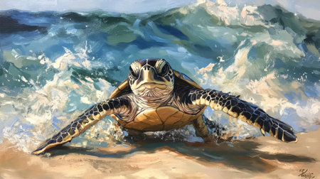 A close-up of a baby sea turtle making its way to the ocean, with soft sand surrounding it and gentle waves lapping at the shore, capturing a moment of nature's journey.の素材