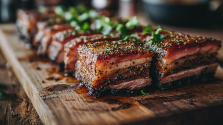 A close-up shot of beautifully cooked pork belly, showcasing the crispy skin and tender meat, arranged on a rustic wooden cutting board.の素材