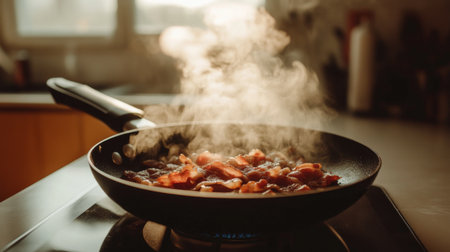 A close-up shot of bacon sizzling in a frying pan, with steam rising and a soft focus on the background, evoking a sense of comfort and warmth.の素材