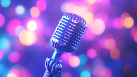 A classic vintage microphone with chrome detailing, positioned on a stage with blurred colorful lights in the background, creating a concert vibe.の素材