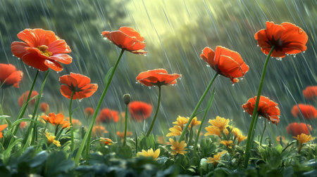 A breathtaking image of wildflowers in a field after rain, glistening with droplets of water, capturing the freshness and beauty of nature in a soft-focus background.の素材