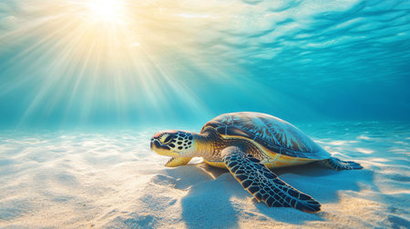 A close-up of a sea turtle resting on a sandy ocean floor, with sunlight filtering through the water, illuminating its textured shell and serene expression.の素材