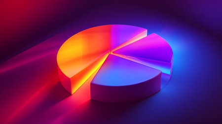 Dynamic D pie chart with bright, colorful slices, each part raised slightly, with soft lighting to highlight its shape on a dark backgroundの素材