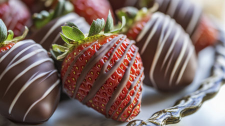 A captivating close-up of chocolate-covered strawberries arranged on a decorative platter, emphasizing the sweet and luscious pairing of flavors.の素材