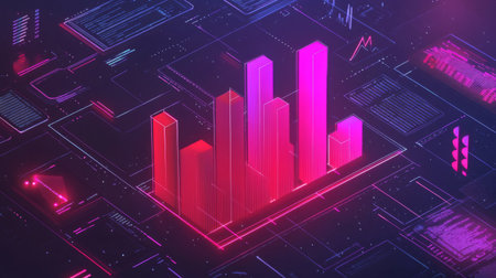 A D bar graph representing financial data growth, set against a dark background with a digital interface and various financial symbols around it.の素材