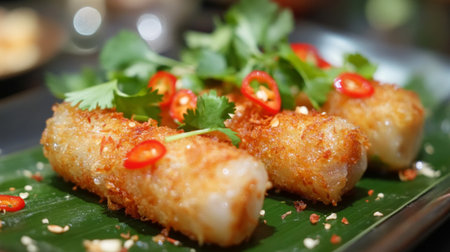 A close-up of crispy spring rolls served on a banana leaf, garnished with sliced chili and cilantro, highlighting the vibrant colors and textures.の素材