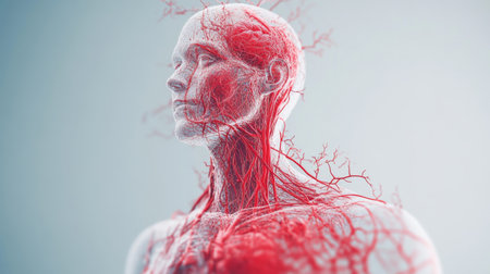 An artistic rendering of the human circulatory system, featuring arteries and veins flowing through the body, against a soft gradient background.の素材