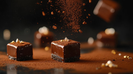 An artistic close-up of cocoa powder being dusted over a chocolate dessert, with fine details highlighting the elegance of gourmet chocolate presentations.の素材