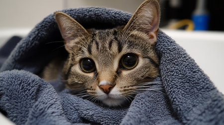 A charming image of a cat nestled in a towel after a bath, looking cozy and content, emphasizing the comfort and relaxation following a wash.の素材