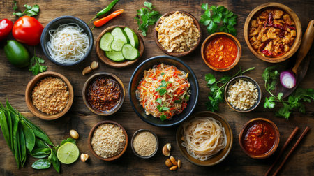 An inviting image of a rustic wooden table set with bowls of rice noodles and various curry sauces, showcasing the diversity of flavors in a Thai meal.の素材