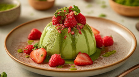 A beautifully plated matcha dessert, garnished with fresh fruits and delicate toppings, presented on a ceramic dish against a soft, neutral background.の素材