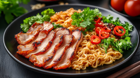 A beautifully arranged plate of instant noodles topped with sliced meats and herbs, creating an inviting and colorful presentation, highlighting its delicious appeal.の素材