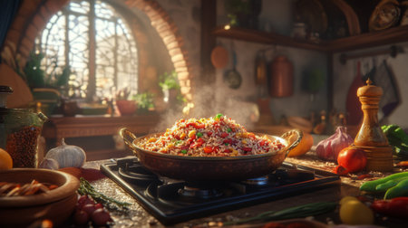 A charming kitchen scene with a pot of hot fried rice on the stove, surrounded by fresh vegetables and spices, conveying the warmth of home cooking.の素材