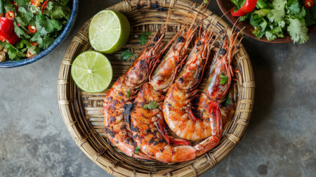 A mouthwatering image of grilled shrimp served on a bamboo plate, garnished with lime and chili, evoking a sense of tropical flavor and culinary delight.の素材