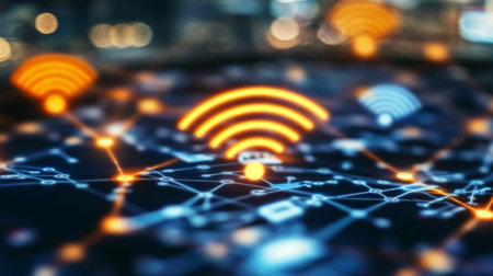 A dynamic image of a Wi-Fi network diagram on a digital tablet, with various devices connected, emphasizing the importance of network management.の素材