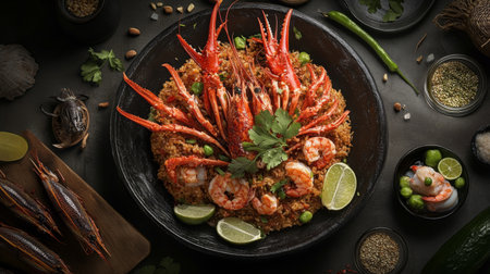 A mouthwatering display of fried rice with seafood, garnished with herbs and served with lime wedges, capturing the essence of a delicious Thai meal.の素材