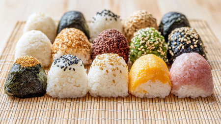 A delightful selection of onigiri rice balls with different fillings, beautifully arranged on a bamboo mat, showcasing the colors and textures.の素材