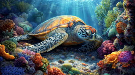A peaceful image of a sea turtle resting on a rocky seabed, with soft corals and colorful sponges surrounding it, showcasing the beauty of marine habitats.の素材