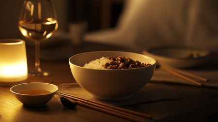 A cozy dining setting featuring a bowl of beef rice with a side of soup, chopsticks resting on the table, creating an inviting atmosphere for a comforting meal.の素材