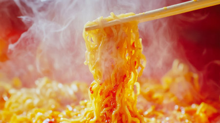 A delightful shot of instant noodles being lifted with chopsticks, showcasing the chewy texture and vibrant toppings, emphasizing the enjoyment of eating.の素材