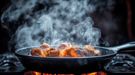 A dynamic scene of freshly fried chicken sizzling in a cast-iron skillet, with droplets of oil and steam rising, showcasing the cooking process.の素材