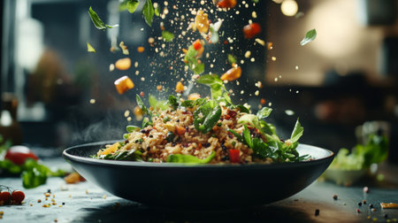 A dynamic shot of fried rice being plated, with vibrant ingredients falling into the bowl, emphasizing the freshness and excitement of preparing this beloved dish.の素材