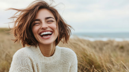 A dynamic shot of a woman with a playful expression, caught mid-laugh, with wind blowing through her hair, capturing the essence of spontaneity and joy.の素材