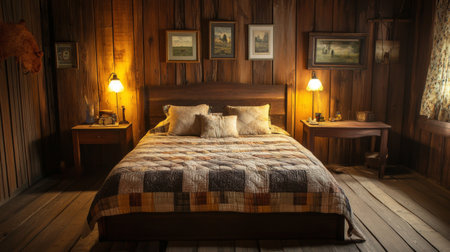 A rustic bed with a handmade quilt and wooden headboard, set in a country-style bedroom with soft, warm lighting and vintage decor.の素材