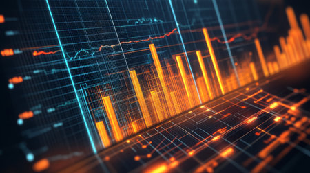 A dynamic D financial bar chart with glowing lines and a digital interface, showing key business metrics in a high-tech environment.の素材