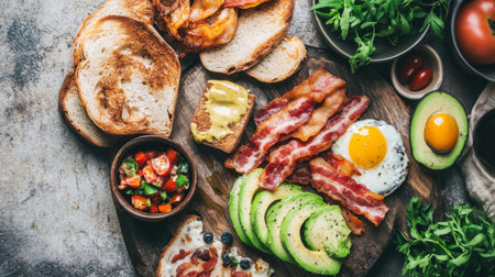A rustic wooden board topped with crispy bacon, fresh bread, and sliced avocado, creating a delicious breakfast spread in natural light.の素材