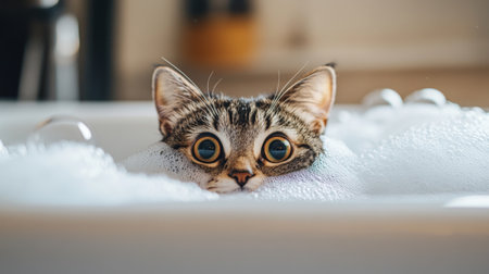 A playful image of a fluffy cat curiously peeking out from a bathtub filled with bubbles, showcasing its wet fur and a look of surprise, evoking a sense of curiosity.の素材