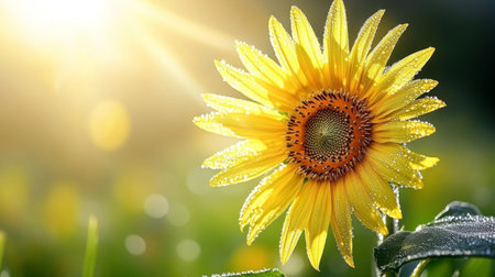 A macro shot of a bright yellow sunflower with morning dew on its petals, highlighting the contrast between the vivid flower and the cool, refreshing droplets.の素材