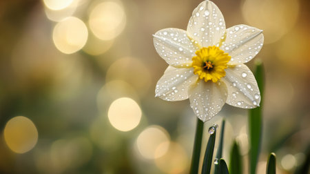 A delicate image of a white daffodil with dew drops on its petals, set against a blurred natural background, emphasizing its beauty and the freshness of spring.の素材