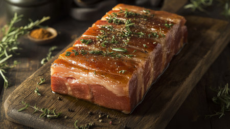A rustic wooden board displaying marinated pork belly ready for grilling, with fresh herbs and spices scattered around for an appetizing look.の素材