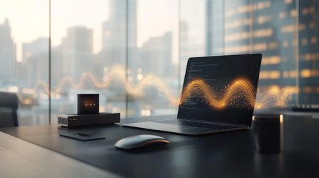 A modern workspace featuring a sleek laptop connected to a Wi-Fi router, with visual representations of Wi-Fi signals emanating from the device, showcasing connectivity.の素材