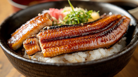 A dramatic shot of grilled eel over rice unagi don, highlighting the glistening glaze and textures, set on a traditional wooden table.の素材