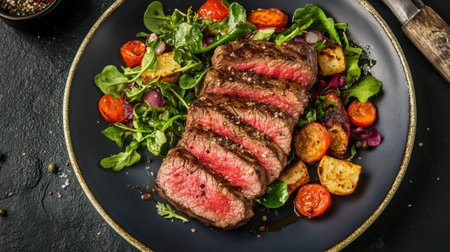 A colorful plate featuring a steak served with vibrant roasted vegetables and a fresh salad, capturing the harmony of flavors and presentation.の素材