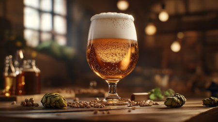 A glass of amber beer with a frothy top, surrounded by beer brewing ingredients like hops and grains on a wooden surface.の素材