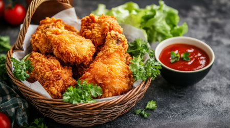 A cozy kitchen scene featuring a basket of fried chicken next to a bowl of homemade dipping sauce and fresh vegetables, inviting the viewer to indulge.の素材