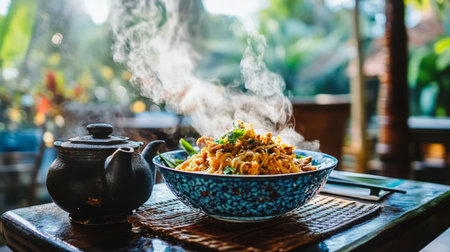A cozy setting with a bowl of rice noodles in curry sauce beside a steaming cup of Thai tea, creating a comforting and inviting atmosphere for a traditional meal.の素材