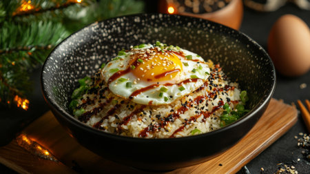 A delicious bowl of hot fried rice topped with a perfectly fried egg, drizzled with soy sauce, and sprinkled with scallions, creating a mouthwatering presentation.の素材