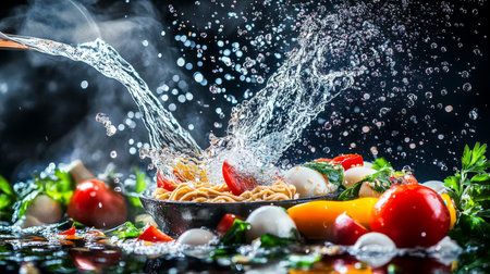 A dynamic shot of boiling water being poured over a bowl of instant noodles, with steam rising and vibrant ingredients ready to be added, capturing the cooking process.の素材
