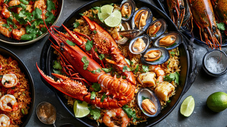 A mouthwatering display of fried rice with seafood, garnished with herbs and served with lime wedges, capturing the essence of a delicious Thai meal.の素材